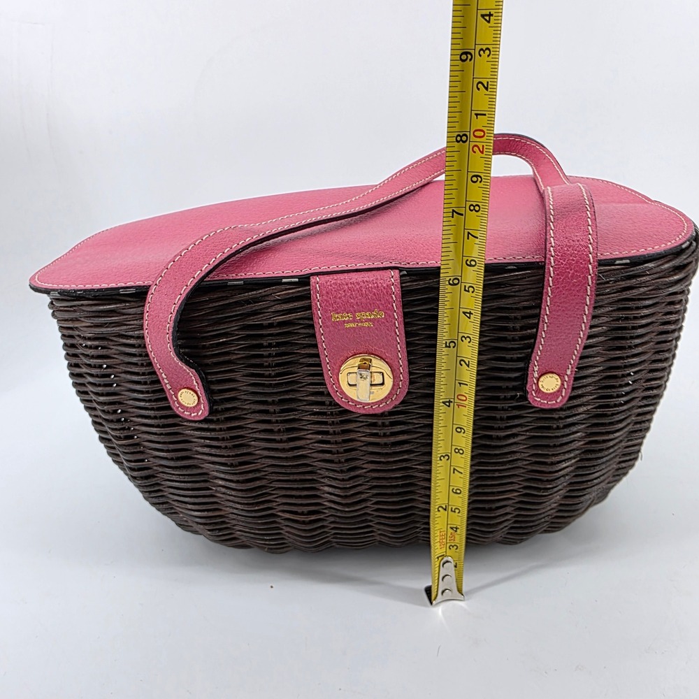 Kate Spade Pink Leather Dark Brown Wicker Picnic Basket Polka Dot Satchel Bag - Picture 11 of 13